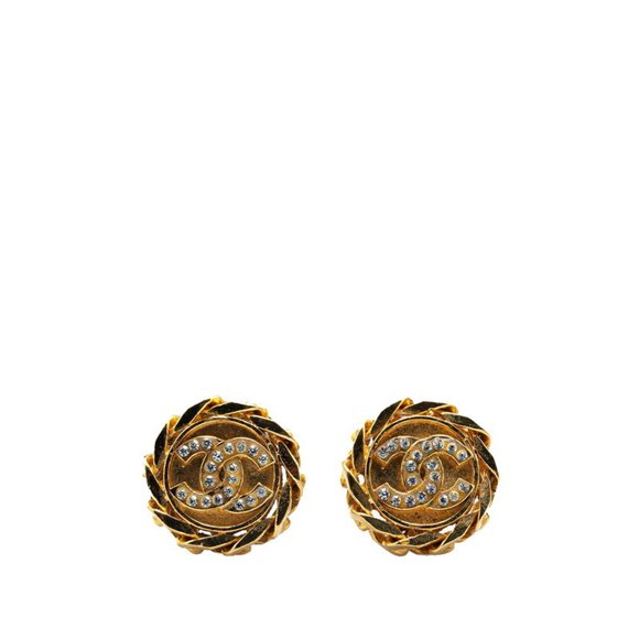 CHANEL Coco Mark Rhinestone Earrings, Gold Plated, Women's - Picture 1 of 4